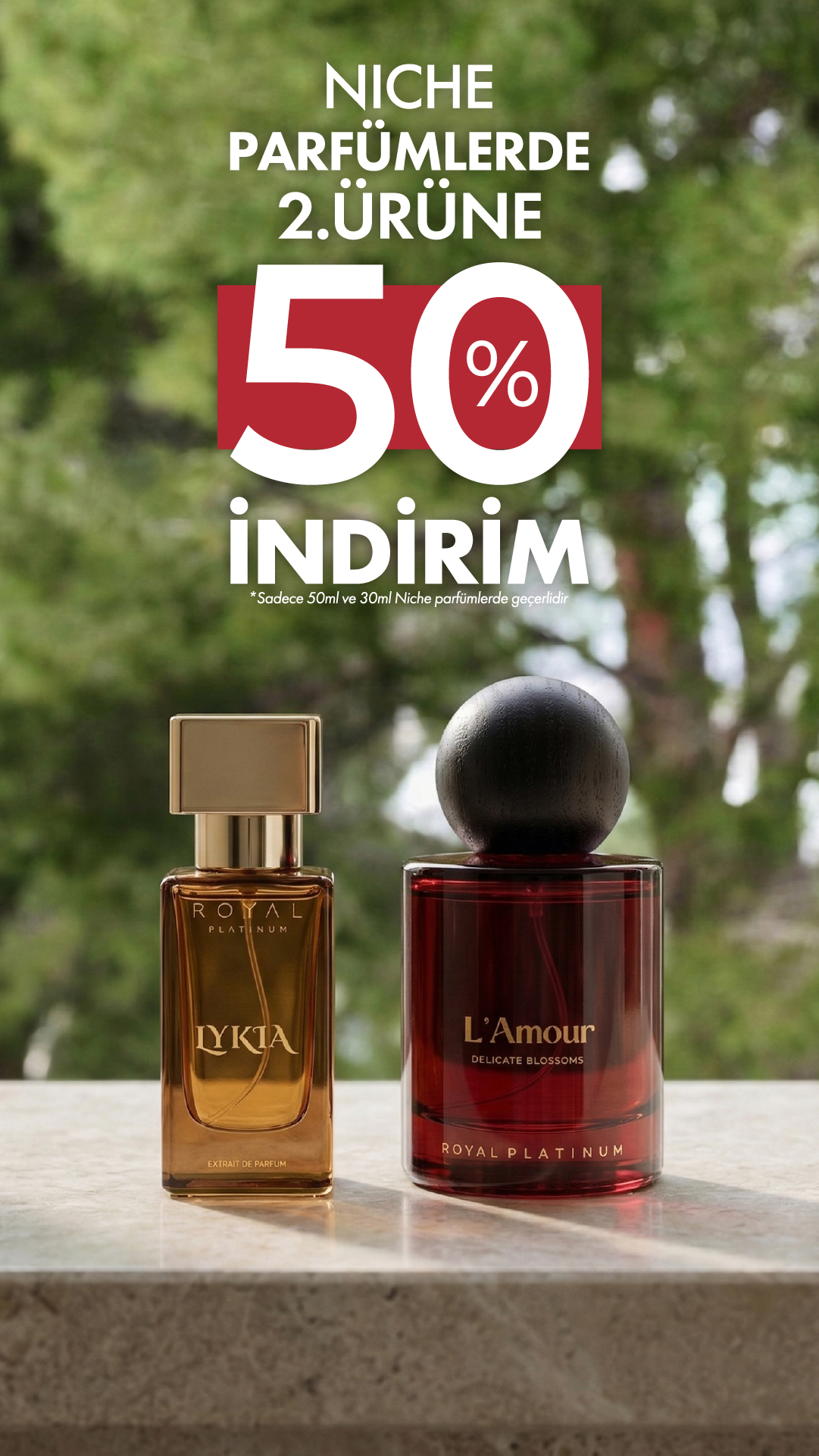 50 ml ve 30 ml niş parfümlerde ikinci ürün %50 indirimli