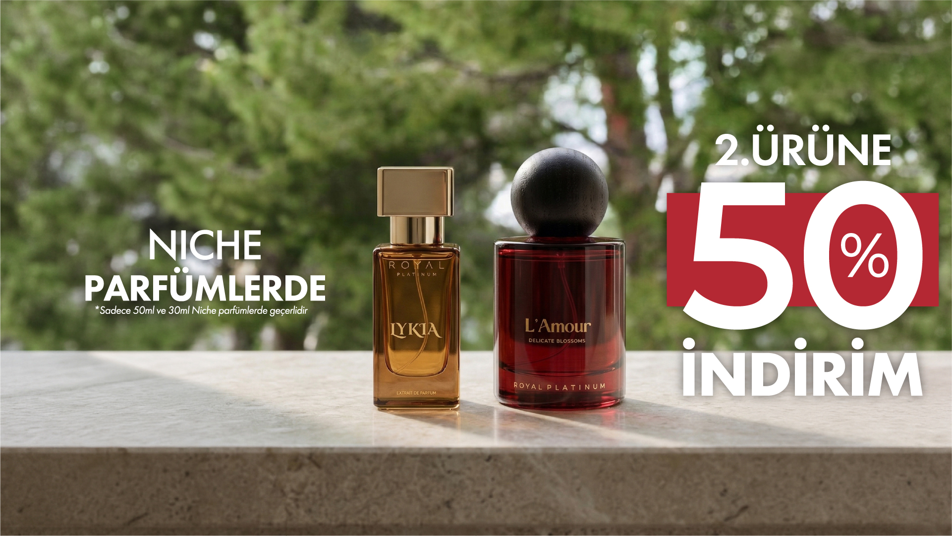 50 ml ve 30 ml niş parfümlerde ikinci ürün %50 indirimli